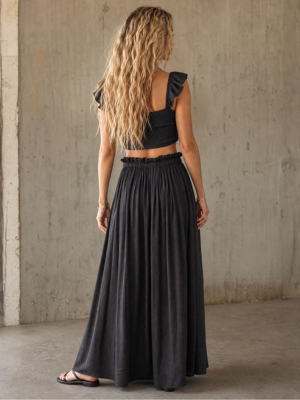 NWT 2 Piece Smocked Crop Top Tank & Button Maxi Skirt Set Black - Picture 4 of 6
